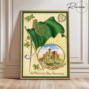 May include: A framed St. Patrick's Day souvenir print. The print features a green flag with a harp and a castle illustration. The words "Blarney Castle" and "St. Patrick's Day Souvenir" are visible. The print is decorated with shamrocks.