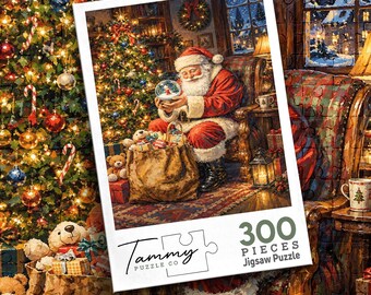 May include: A 300-piece jigsaw puzzle by Tammy Puzzle Co. featuring a festive illustration of Santa Claus sitting in a plaid armchair, holding a snow globe, with a decorated Christmas tree, a sack of toys, and a window view of a snowy village.