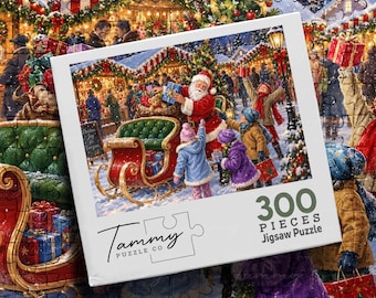 May include: A 300-piece jigsaw puzzle box by Tammy Puzzle Co. featuring a festive Christmas market scene with Santa Claus in a red suit, a green sleigh, and children in winter clothing. The box displays the text 300 PIECES Jigsaw Puzzle.
