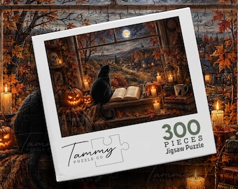 May include: A 300-piece jigsaw puzzle by Tammy Puzzle Co. featuring a black cat sitting on a windowsill with an open book, jack-o'-lanterns, candles, and a lantern. The scene depicts an autumn landscape at night with a full moon visible through the window.