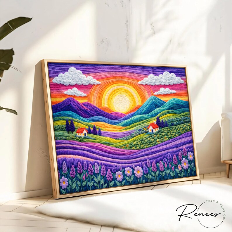 May include: A framed landscape art piece featuring a vibrant sunset over rolling hills and lavender fields. The artwork uses a textured, stitched technique with a palette of purple, orange, green, and blue. Two small houses are nestled in the hills.
