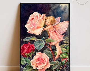 Rose Fairy Wall Art, Vintage Fairy Print, Fantasy Art, Floral Fairy Poster, Cottagecore Decor, Nursery Wall Art, Whimsical Art Print