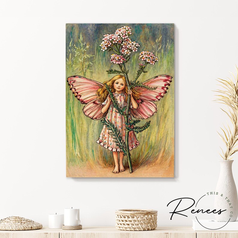 May include: A vintage-style print of a fairy with butterfly wings holding a flower stalk. The fairy wears a pink dress and has long blonde hair. The background is a blend of green, blue, and yellow hues.