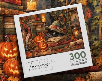 May include: A 300-piece jigsaw puzzle box featuring an illustration of a black cat wearing a witch hat, resting on a stack of old books. The scene includes two glowing jack-o'-lanterns, autumn leaves, and candles. The box displays the text Tammy Puzzle Co.