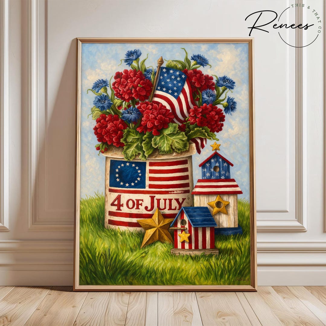 4th of July Wall Art, Patriotic Floral Decor, American Flag Print ...