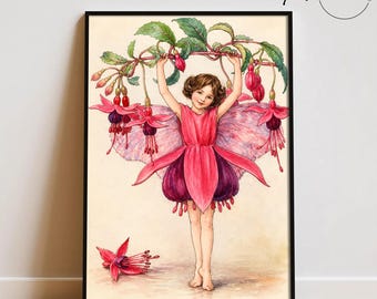Vintage Fuchsia Fairy Wall Art, Flower Fairy Decor, Cottagecore Fairy Illustration, Whimsical Botanical Nursery Print, Fantasy Wall Decor