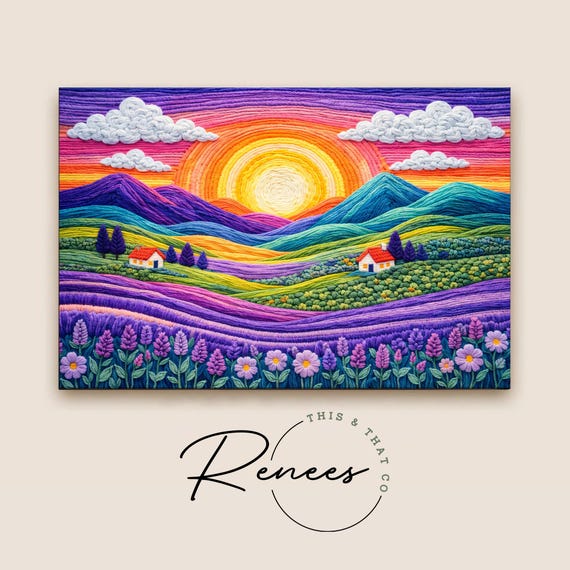 Embroidered Sunset Wall Art, Textured Stitch Look Sunset Decor, Vibrant Floral Meadow Artwork, Cozy Home Gift