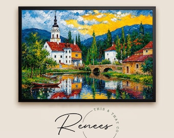 Colorful European Village Wall Art, Impressionist Landscape Print, River Cottage Canvas, Scenic Countryside Decor, Rustic Home Art