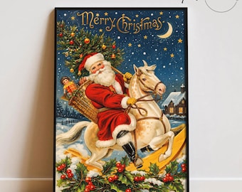 May include: A framed wall art print featuring a vintage-style illustration of Santa Claus riding a rocking horse. Santa wears a red suit with white fur trim and carries a basket of toys. The background shows a snowy night with a crescent moon.