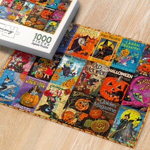 Puede incluir: Un rompecabezas de 1000 piezas con un collage de portadas de revistas e ilustraciones de libros vintage con tem&aacute;tica de Halloween. La caja muestra el texto 1000 PIECES Jigsaw Puzzle. La imagen incluye calabazas, brujas y gatos negros.