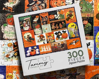 Vintage Halloween Wooden Puzzle, Retro Halloween Postcard Jigsaw Puzzle, Pumpkin Witch Ghost Collage, Spooky Halloween Gift for Adults