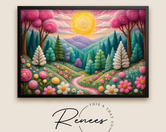 Embroidery Style Landscape Wall Art, Felt Texture Meadow Print, Colorful Craft Lover Gift, Wool Fiber Art Inspired Decor Frame or Unframed