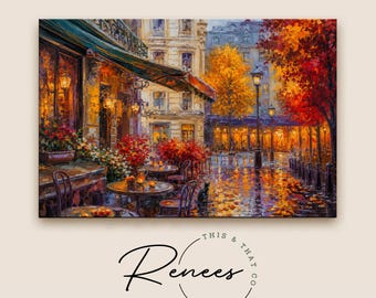 Paris Cafe Wall Art, Impressionist Autumn Street Painting, Romantic European Cityscape Print, Rainy Paris Evening Decor, French Cafe Artwork