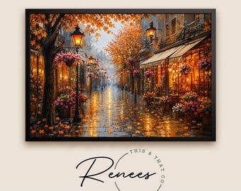 Paris Autumn Street Wall Art, Cozy European Café Print, Rainy Fall Cityscape Canvas, Romantic French Decor, Vintage Fall Landscape