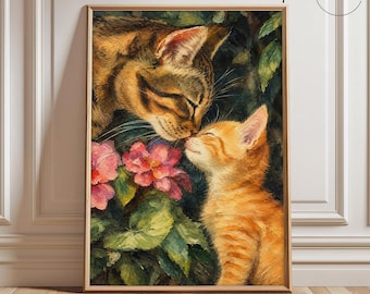 May include: An oil painting print featuring a brown tabby cat and a smaller orange tabby kitten touching noses. They are surrounded by vibrant pink flowers and deep green foliage. The artwork has visible brushstrokes and a textured appearance.