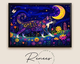 Whimsical Cat Canvas Print, Moonlit Floral Garden, Boho Folk Art