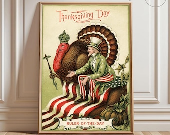 Vintage Thanksgiving Day Wall Art, Antique Turkey Postcard Print, Patriotic Harvest Decor, Farmhouse Fall Canvas Art