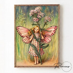 May include: A framed print featuring a young girl with butterfly wings, holding a tall flower with pink blossoms. The girl wears a floral dress and has long blonde hair. The artwork has a vintage, whimsical style with a soft color palette.