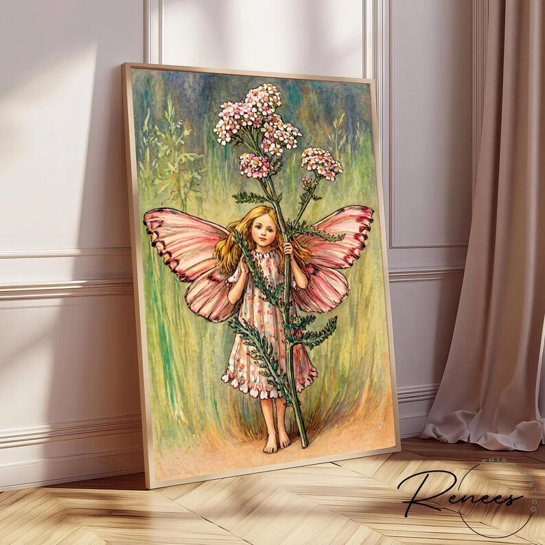 May include: A framed art print featuring a young girl with butterfly wings, holding a flowering stem. The girl wears a floral dress, and the wings are pink with red accents. The background is a blend of green and blue hues.