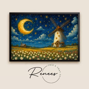 May include: A framed painting depicts a nighttime landscape with a windmill, a crescent moon, and a starry sky. The foreground features a field of white and yellow flowers. The windmill has a white body and brown blades.