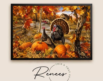 Thanksgiving Turkey Pumpkin Wall Art, Rustic Farmhouse Fall Decor, Autumn Harvest Canvas Print, Country Thanksgiving Artwork