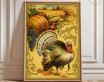 Vintage Thanksgiving Greeting Wall Art, Antique Turkey Harvest Print, Farmhouse Autumn Decor, Rustic Thanksgiving Canvas