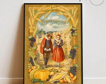 Vintage Thanksgiving Wall Art, Pilgrim Harvest Print, Antique Thanksgiving Decor, Farmhouse Fall Canvas, Rustic Autumn Art