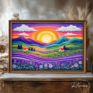 May include: A framed landscape art piece featuring a vibrant sunset over rolling hills and fields of lavender. The artwork uses a textured, woven style with a palette of purple, orange, yellow, and green. White clouds and small houses are also visible.
