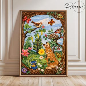May include: Framed artwork featuring a whimsical forest scene. A brown rabbit sits near a sunflower, with an owl, birds, and butterflies. The artwork is framed in a gold-colored frame, with the text "Renees & That Co." in the upper right corner.