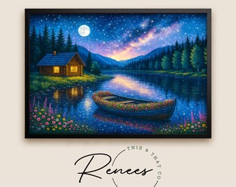 Moonlit Cabin Wall Art, Night Lake Landscape Print, Starry Sky Nature Painting, Peaceful Forest Home Decor