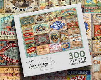 Vintage Advertising Labels Wooden Puzzle, Antique Product Label Jigsaw Puzzle, Victorian Advertising Collage, Retro Ephemera Gift for Adults