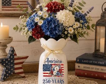 Patriotic Flower Vase Decor, America 250 Years Since 1776 Jar Vase, 4th of July Centerpiece, Red White Blue Rustic Farmhouse Decor