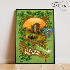 May include: Vintage St. Patrick's Day print featuring a castle scene within a gold-toned circular frame, surrounded by green shamrocks. The print includes a harp emblem and the text "Blarney Castle" and "St. Patrick's Day Greetings."