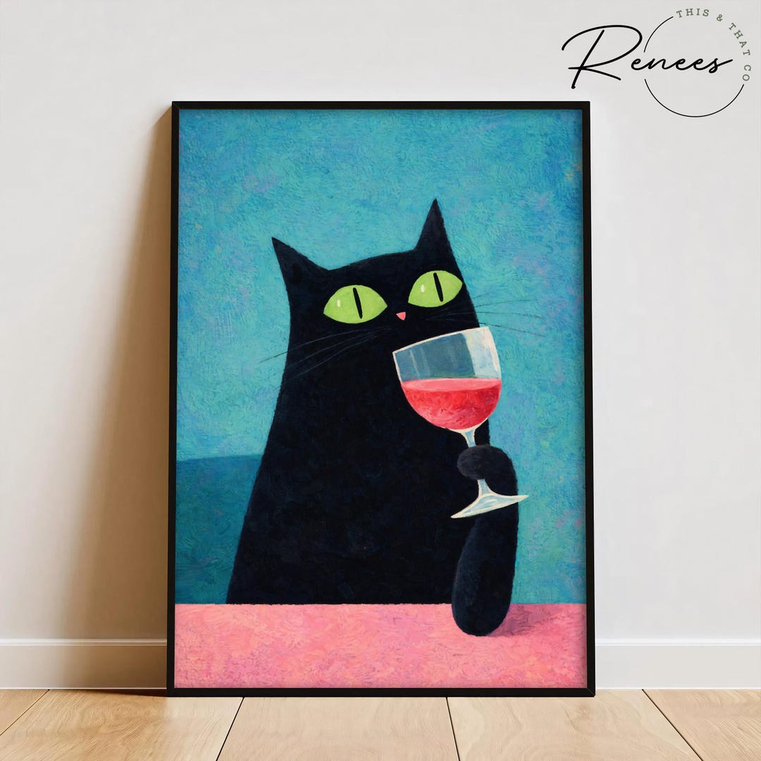 Black Cat Wine Wall Art Print, Whimsical Cat Illustration, Funny Cat ...