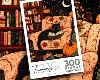 Black Cat Reading Puzzle, Cozy Autumn Library Jigsaw Puzzle, Fall Book Lover Puzzle, Pumpkin Reading Nook, Halloween Cat Gift for Adults