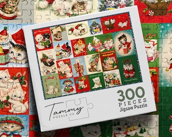 Vintage Christmas Cats Wooden Puzzle, Vintage Christmas Kitten Jigsaw Puzzle, Retro Holiday Cat Collage, Cat Lover Christmas Gift