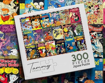 Vintage Halloween Comics Wooden Puzzle, Retro Halloween Comics Jigsaw Puzzle, Classic Cartoon Halloween Collage, Nostalgic Halloween Gift