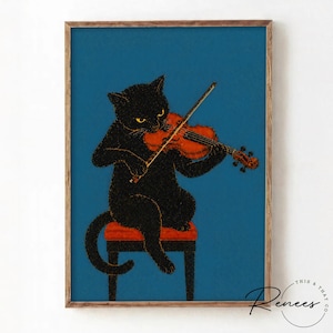 Puede incluir: Una impresi&oacute;n art&iacute;stica enmarcada que presenta un gato negro tocando el viol&iacute;n. El gato est&aacute; sentado en un taburete rojo sobre un fondo azul. El viol&iacute;n es naranja y el gato tiene ojos amarillos. La impresi&oacute;n tiene una est&eacute;tica vintage.
