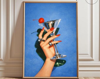 Decoración de pared con forma de copa de martini, lámina de cóctel, arte con motivos de bebidas de cereza, decoración moderna para cocinas, decoración de pared para carritos de bar.