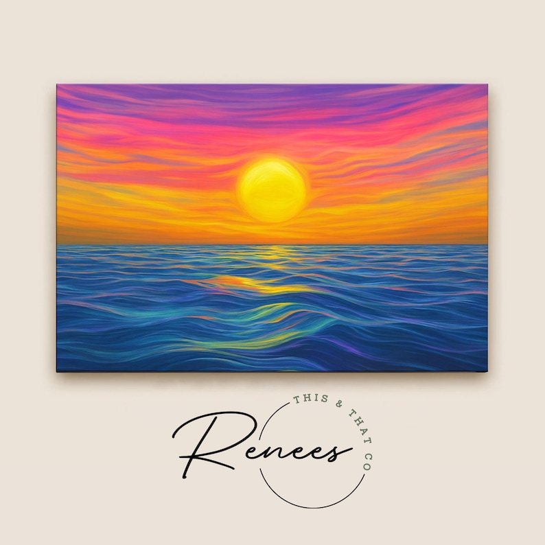 May include: A vibrant painting of a sunset over the ocean. The sky transitions from purple to orange and yellow, with a bright yellow sun. The ocean is a mix of blue and turquoise, with visible waves. The painting is signed "Renees & That Co."