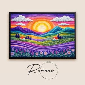 May include: A framed landscape art piece featuring a vibrant sunset with a large sun and fluffy white clouds. The scene includes rolling hills, lavender fields, and small houses. The artwork is in a black frame.
