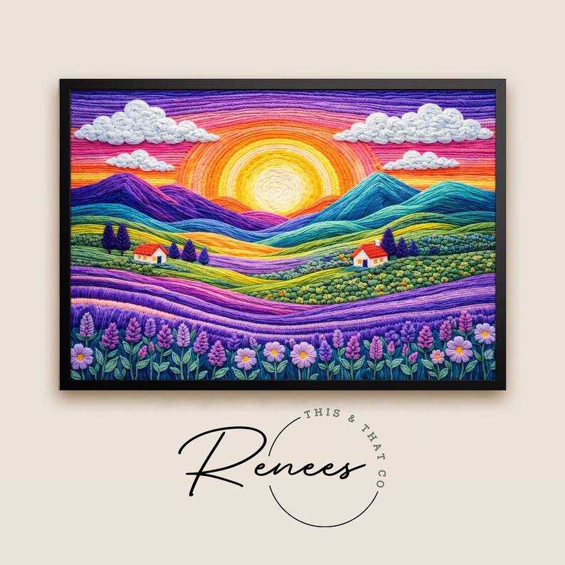 May include: A framed landscape art piece featuring a vibrant sunset with a large sun and fluffy white clouds. The scene includes rolling hills, lavender fields, and small houses. The artwork is in a black frame.