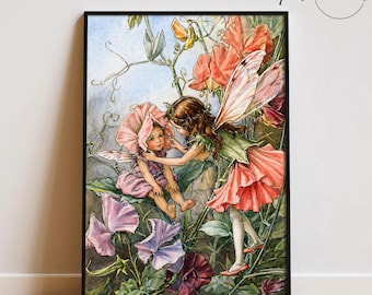 Sweet-Pea Fairies Wall Art, Vintage Fairy Print, Botanical Fairy Poster, Cottagecore Decor, Floral Fairy Art, Whimsical Nursery Wall Art