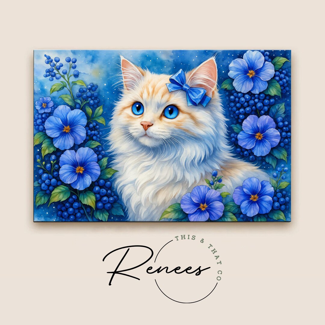 Blue Floral Cat Wall Art, Cute Kitten Painting With Bow, Cottagecore ...