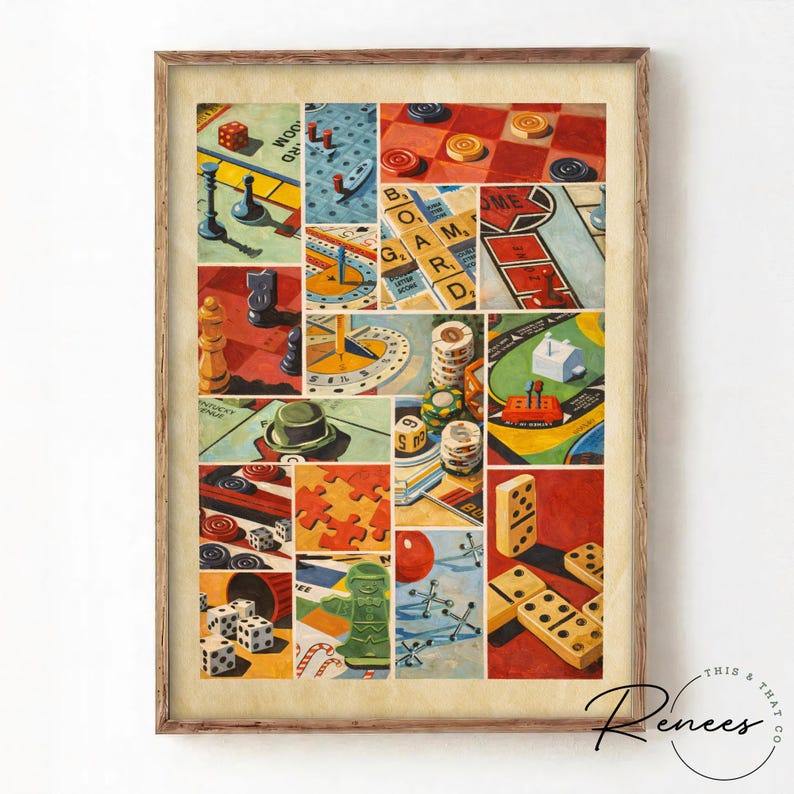 Retro Board Game Collage Art Print, Vintage Game Night Wall Decor ...