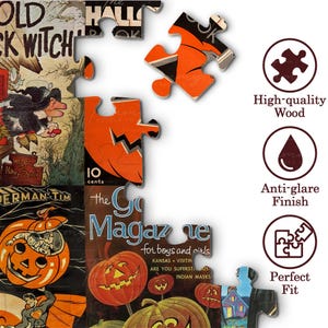 Puede incluir: Un rompecabezas con ilustraciones vintage de Halloween, incluyendo calabazas, una bruja y portadas de revistas. Las piezas son de madera con un acabado antirreflejos y un ajuste preciso. Texto: Old Witch, 10 cents, The Good Magazine.