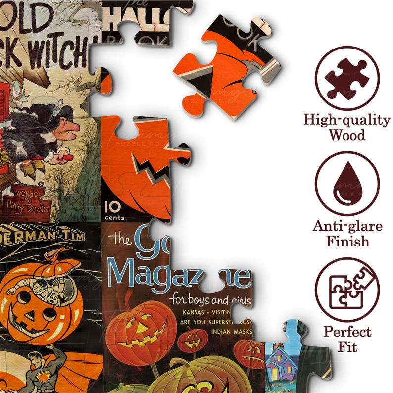 Puede incluir: Un rompecabezas con ilustraciones vintage de Halloween, incluyendo calabazas, una bruja y portadas de revistas. Las piezas son de madera con un acabado antirreflejos y un ajuste preciso. Texto: Old Witch, 10 cents, The Good Magazine.