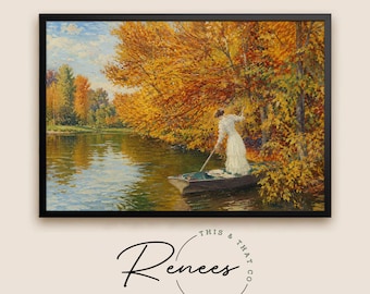 Autumn Lake Wall Art, Vintage Fall Landscape Canvas Print, Impressionist River Painting, Cottagecore Nature Home Decor