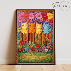 May include: A framed artwork featuring four smiling cats of different colors sitting on a wooden fence. The background is filled with colorful flowers, including pink, red, and yellow blooms. The artwork has a black frame and a floral border.