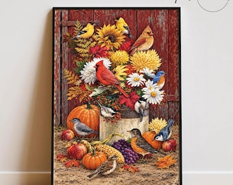 May include: A vertical wall art print featuring a rustic red wooden door background with a vibrant floral arrangement of sunflowers and chrysanthemums. Multiple songbirds, including cardinals and bluebirds, are perched among pumpkins and grapes.